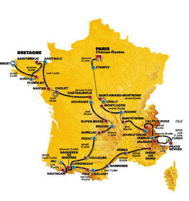map of france with tour route