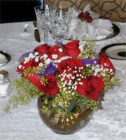 bouquet of red, white and blue flowers