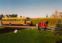 Caitie rode the horse to her schoool bus